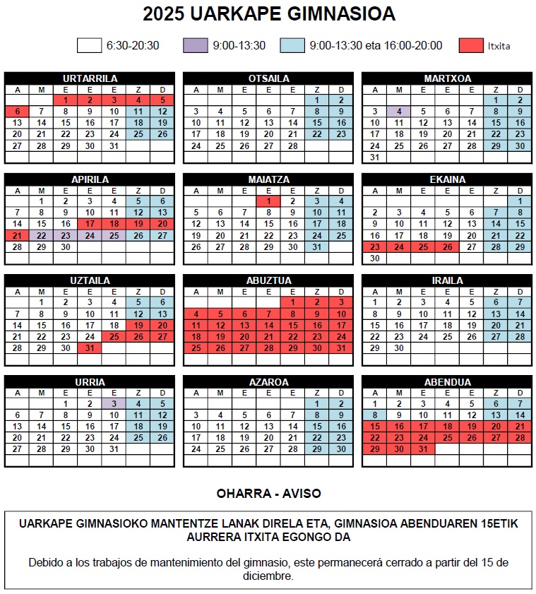 Uarkape abenduak 15 itxita